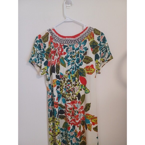 ECI New York Floral Shift Dress 10 Vtg Shortsleeve Beaded Tropical Hawaiian - Picture 8 of 9